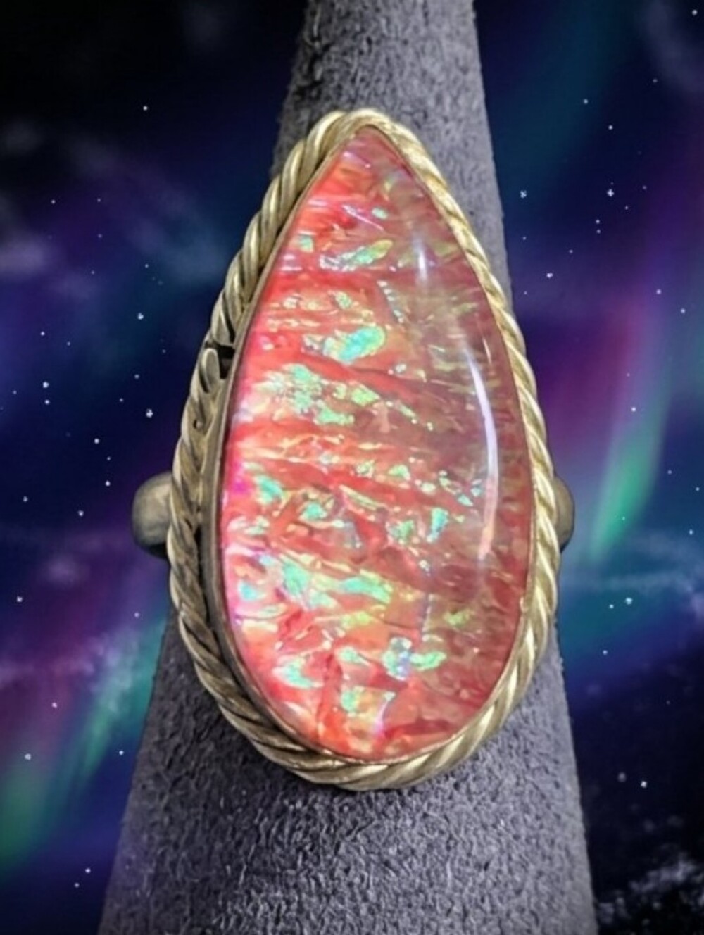 Vintage Dragon’s Breath Mexican Fire Opal Glass Statement Ring Teardrop Sz 7.5